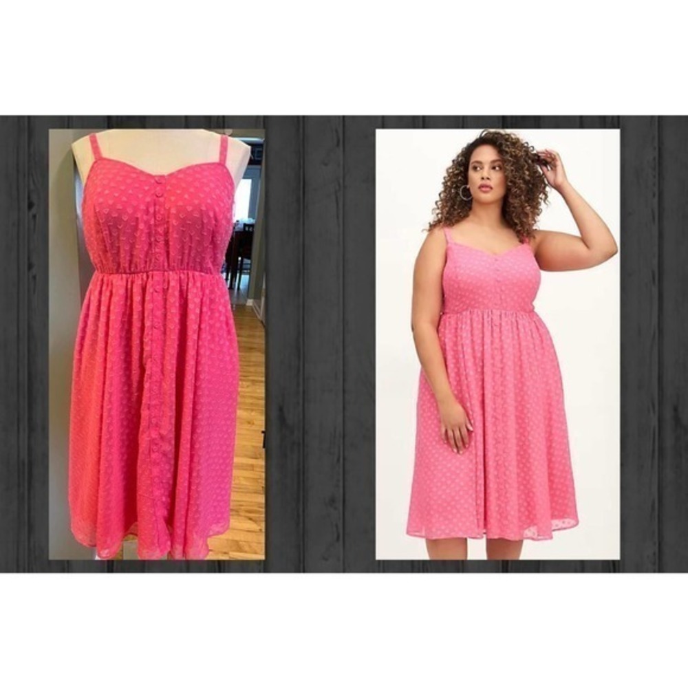 New Torrid 3 (3X 22/24) Bright Pink Clip Heart Chiffon Button Front Midi Dress‎